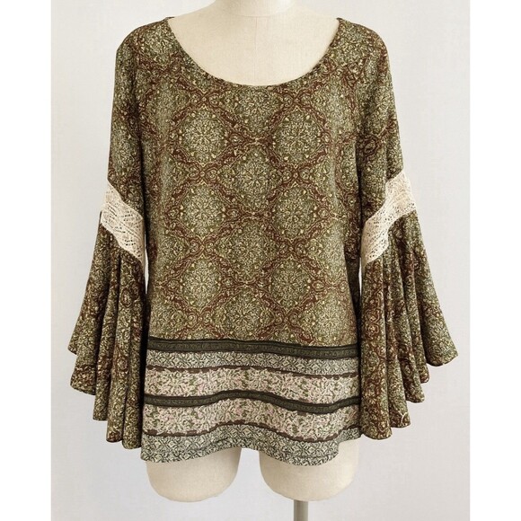 HeartSoul Plus 2X Boho Blouse Bell Sleeve Lace Trim Multicolor Tunic Top - Picture 1 of 8